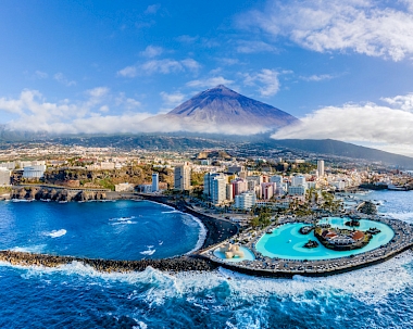 Aerial view from the sea of Puerto de la Cruz, Tenerife, Canary Islands